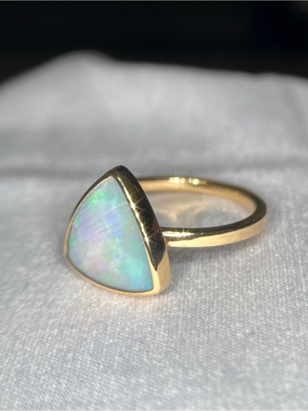 14k Gold Australian Opal Triangle Ring — Multi-Color Opal Accent - Picture 11 of 17